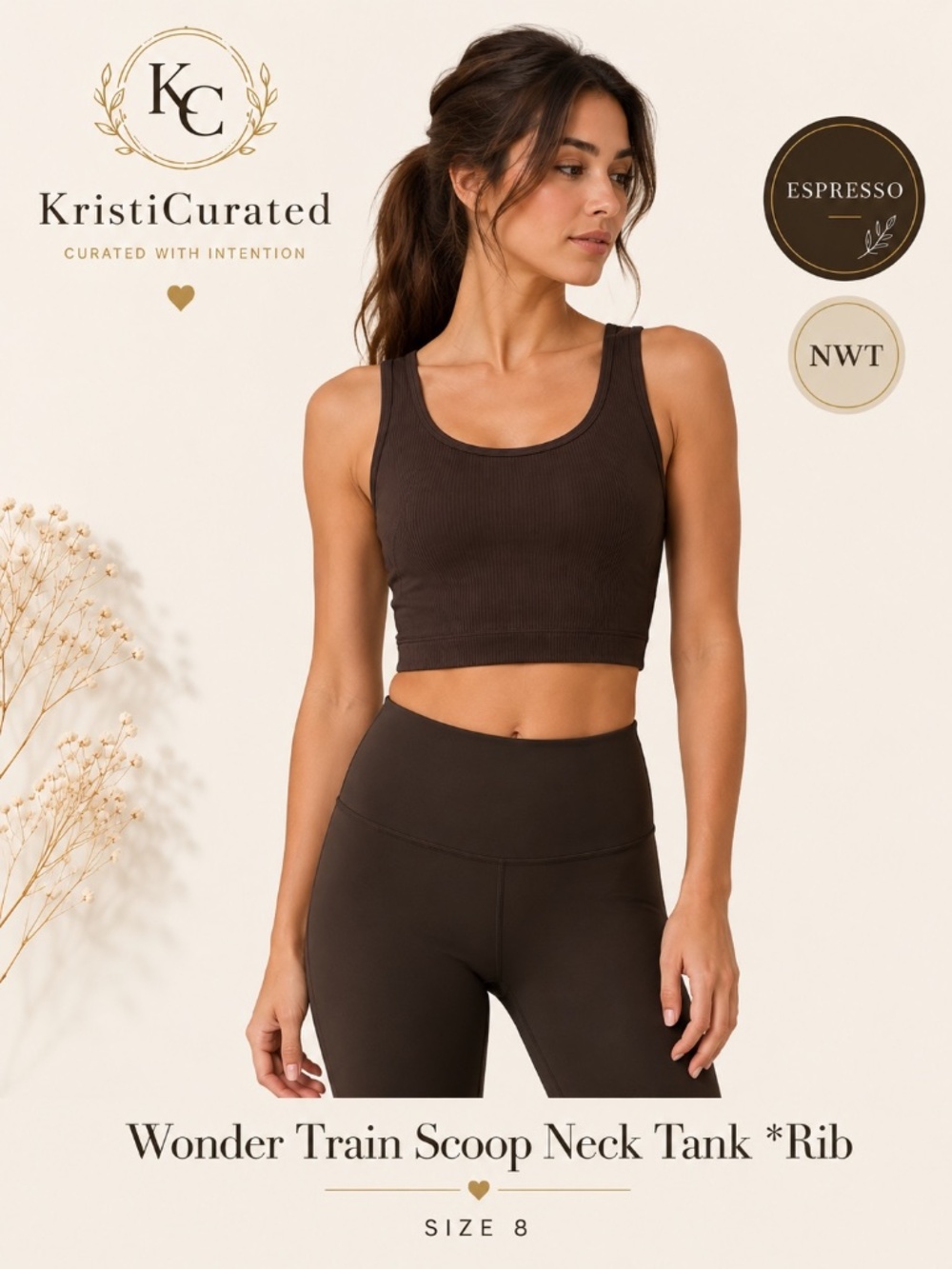 Lululemon Wonder Train Scoop Neck Ribbed Tank Espresso Size 8 NWT